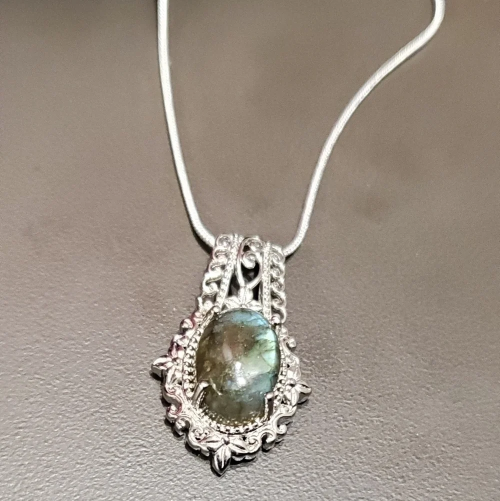 Labradorite Oval Solitaire Ring Platinum Plated